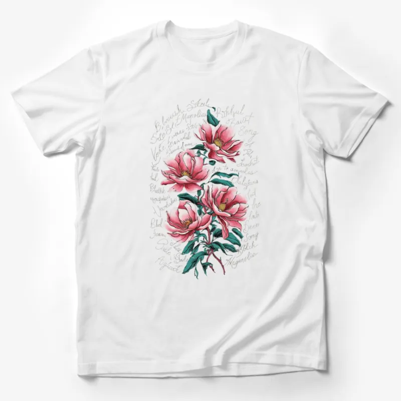 Vintage Magnolia Floral Print T-Shirt, Botanical Art Tee, Flower Illustration, Soft Pink Cotton Shirt Male T-Shirt