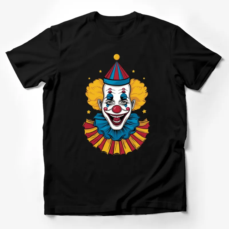 Colorful Clown Face T-Shirt, Vintage Circus Clown with Stars, Unisex Adult Clothing, Retro Carnival Art Tee, Gift for Clown Lovers Male T-Shirt