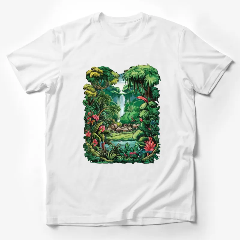 Tropical Jungle Waterfall Scenery T-Shirt, Vibrant Nature Illustration, Unisex Graphic Tee, Gift for Nature Lovers Male T-Shirt