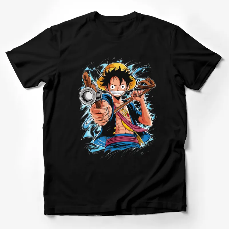 One Piece Anime T-Shirt, Colorful Luffy with Weapon Graphic, Manga Fan Gift, Unisex Tee Male T-Shirt