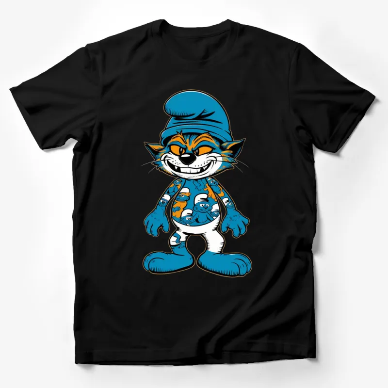 Cartoon Cat Graphic T-Shirt, Playful Orange Cat with Blue Hat, Kids and Adults Casual Wear Male T-Shirt