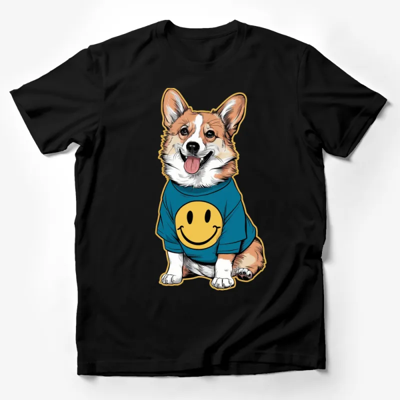 Cute Corgi Dog in Blue Happy Face T-Shirt, Cartoon Animal Graphic Tee, Unisex Casual Shirt Male T-Shirt