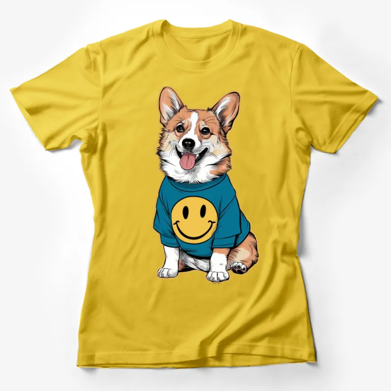 Cute Corgi Dog in Blue Happy Face T-Shirt, Cartoon Animal Graphic Tee, Unisex Casual Shirt Female T-Shirt