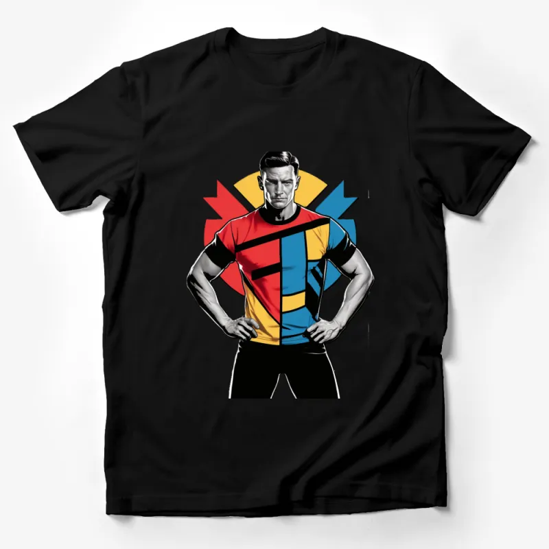 Colorful Geometric Superhero T-Shirt, Trendy Comic Book Style Tee, Unisex Graphic Shirt Male T-Shirt