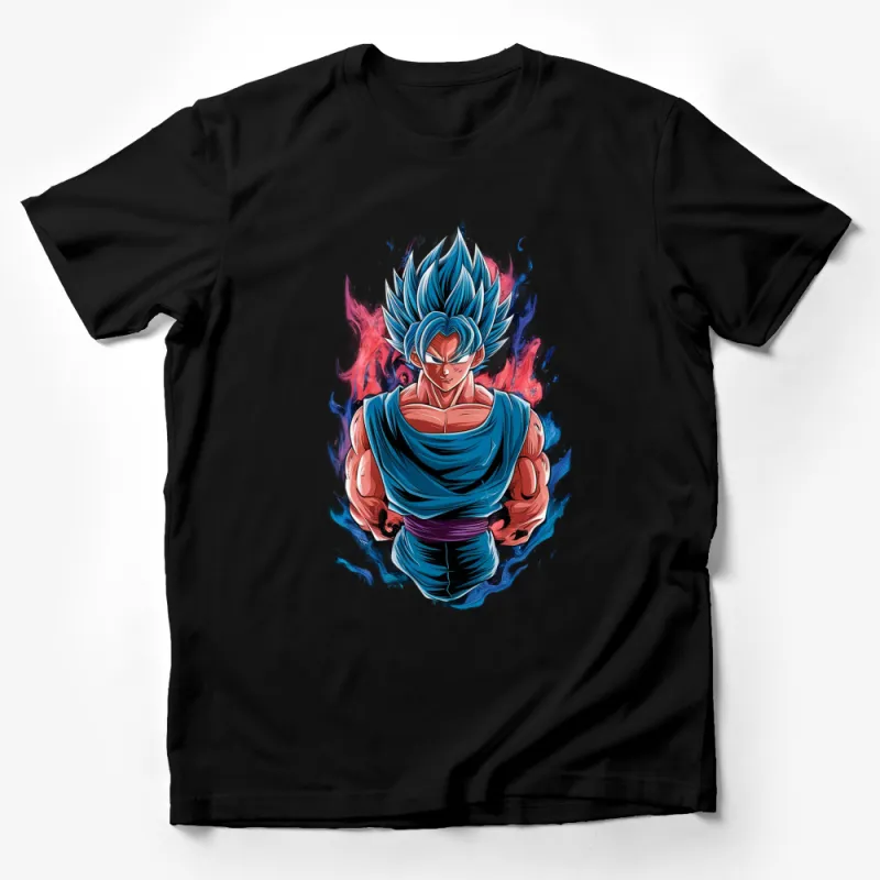 Super Saiyan Blue Anime Character T-Shirt, Cool Manga Hero Graphic Tee, Flame Background, Casual Unisex Apparel Male T-Shirt