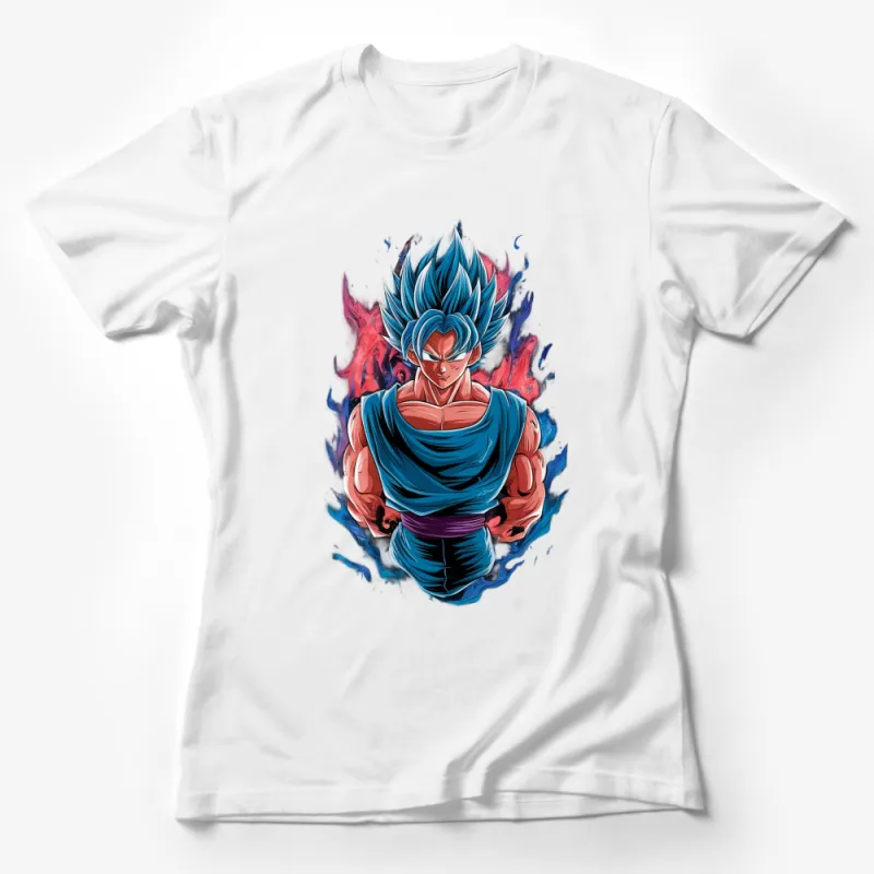 Super Saiyan Blue Anime Character T-Shirt, Cool Manga Hero Graphic Tee, Flame Background, Casual Unisex Apparel Female T-Shirt