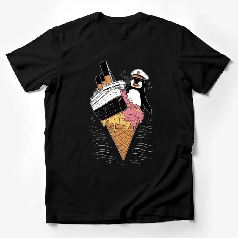 Penguin Ice Cream Ship T-Shirt, Quirky Boat Graphic Tee, Unique Ice Cream Cone Design, Funny Ocean Liner Shirt Male T-Shirt