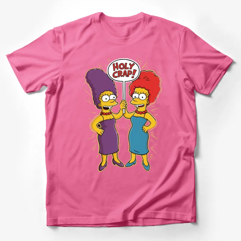 Cartoon Sisters T-Shirt, Funny Purple and Blue Design, Holy Crap! Expression, Bright Colors, Casual Wear Male T-Shirt