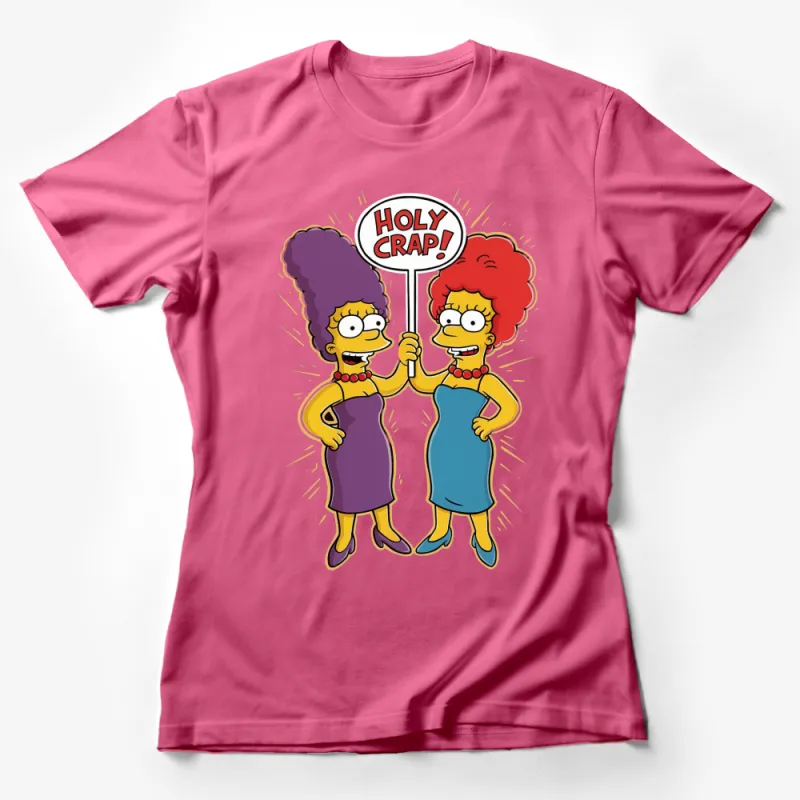 Cartoon Sisters T-Shirt, Funny Purple and Blue Design, Holy Crap! Expression, Bright Colors, Casual Wear Female T-Shirt