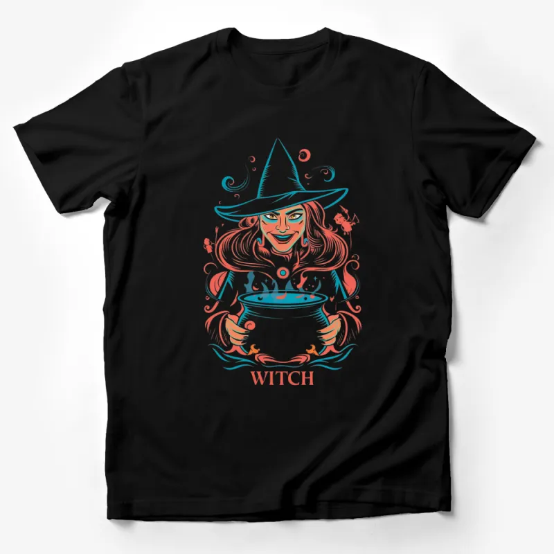 Witch Brewing Potion in Cauldron Graphic T-Shirt, Mystical Fantasy Witchcraft Tee, Unique Halloween T-Shirt Design Male T-Shirt