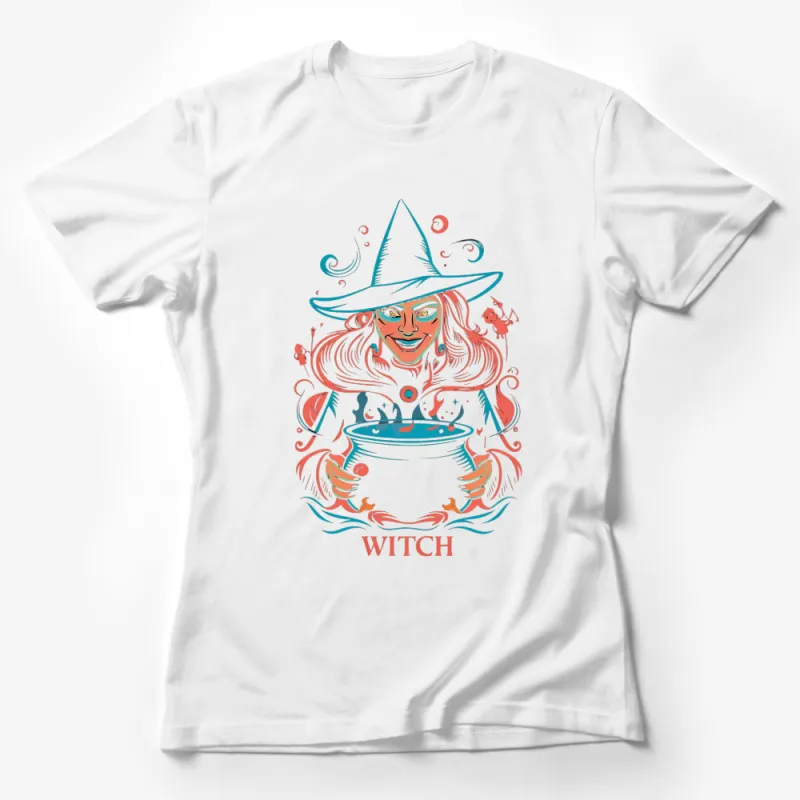 Witch Brewing Potion in Cauldron Graphic T-Shirt, Mystical Fantasy Witchcraft Tee, Unique Halloween T-Shirt Design Female T-Shirt