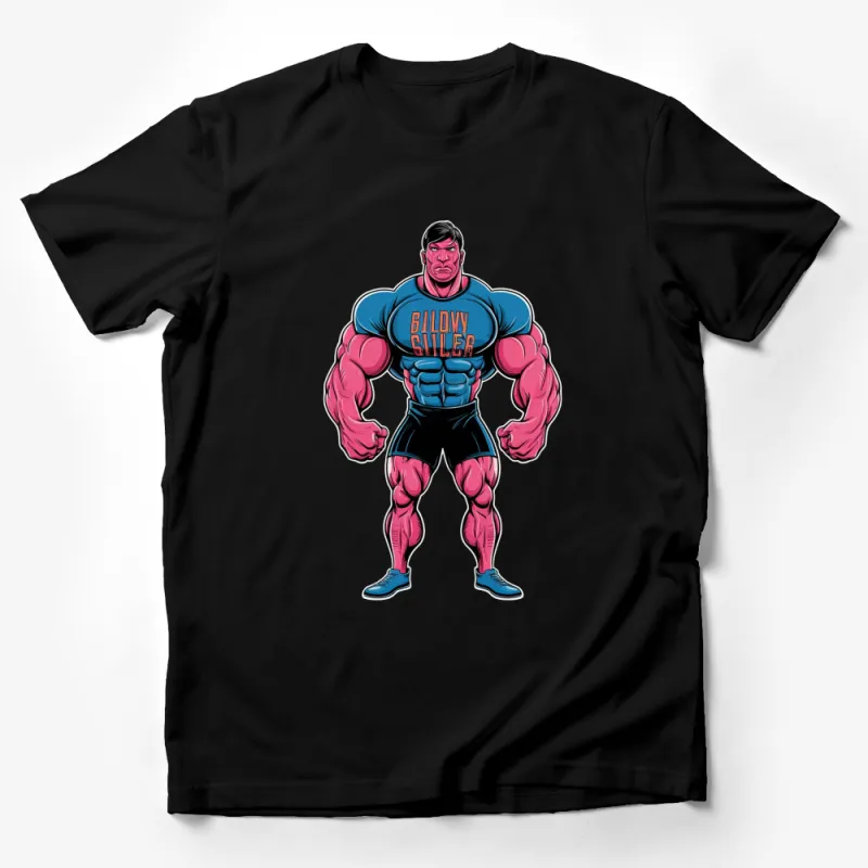 Superhero Muscle Man Cartoon Graphic Tee, Perfect for Comic Book Fans Male T-Shirt