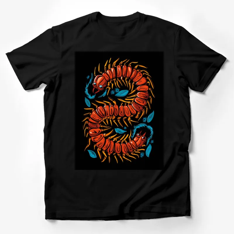 Retro Red Centipede and Blue Bugs Graphic T-Shirt, Unique Illustrative Insect Design, Bold Colors, Unisex Tee Male T-Shirt