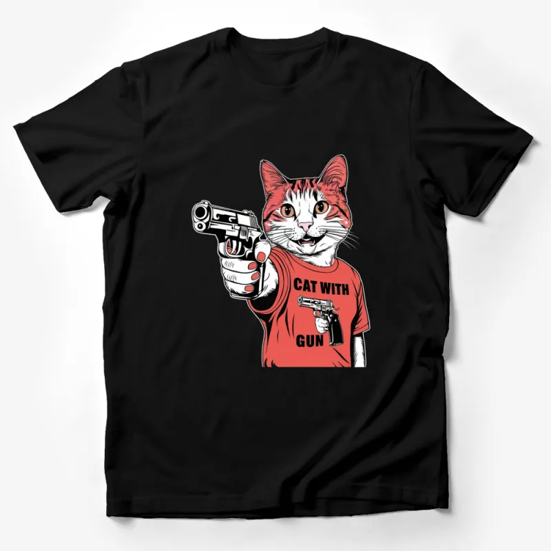 Cat with Gun T-Shirt, Funny Cat Graphic Tee, Unisex Cotton Shirt, Cat Lover Gift, Red Shirt Male T-Shirt