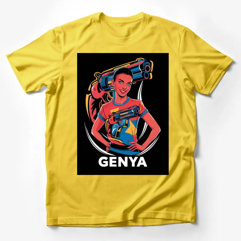 Genya Futuristic Female Warrior Graphic Tee, Cool Sci-Fi T-Shirt, Bold Colors, Unique Design Male T-Shirt