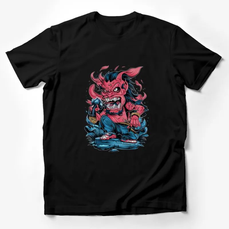 Japanese Oni Demon Graphic T-Shirt, Traditional Art Style Tee, Colorful Mythical Creature Design, Unisex Fashion Male T-Shirt