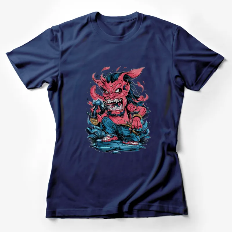 Japanese Oni Demon Graphic T-Shirt, Traditional Art Style Tee, Colorful Mythical Creature Design, Unisex Fashion Female T-Shirt