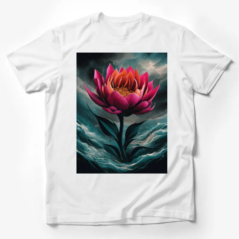 Vibrant Lotus Flower T-Shirt, Ocean Waves Magical Art, Unisex Floral Graphic Tee, Stunning Nature Inspired Design Male T-Shirt