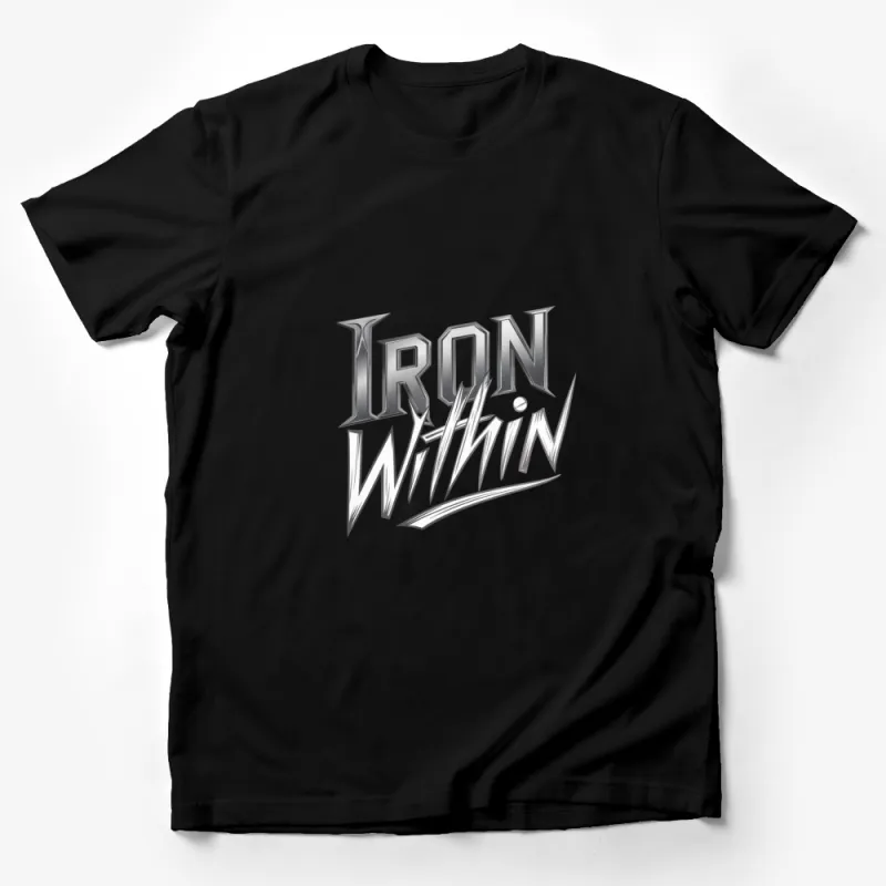 Iron Within Bold Metallic Text Design T-Shirt, Cool Silver Typography Tee, Modern Graphic Shirt for Men and Women Male T-Shirt