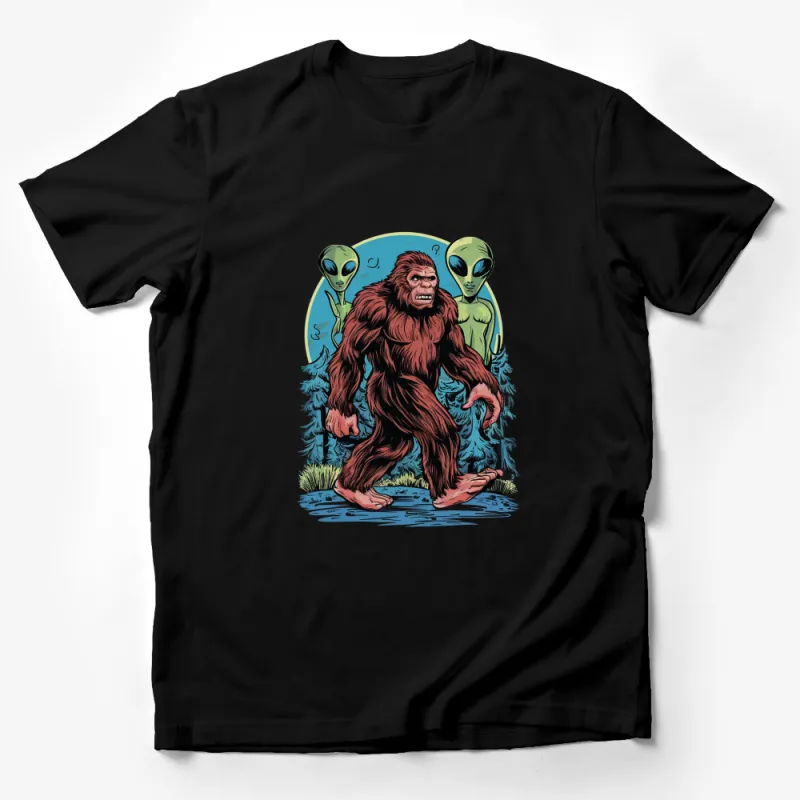 Bigfoot and Aliens T-Shirt, Sasquatch UFO Encounter Graphic Tee, Unisex Sci-Fi Clothing, Cryptid Themed Apparel, Cool Forest Design Male T-Shirt