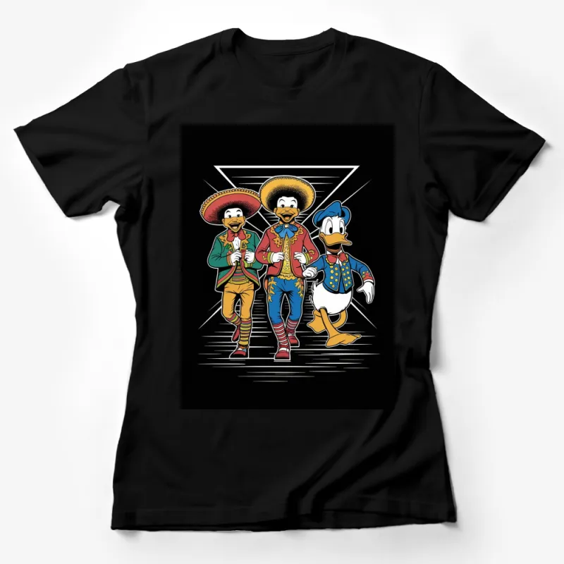 Vintage Cartoon Characters in Sombreros, Fiesta T-Shirt, Colorful Retro Graphic Tee, Unique Gift Female T-Shirt