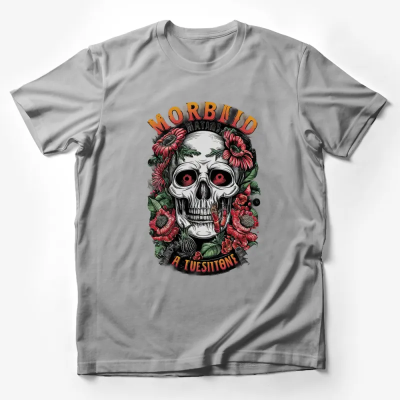 Morbid Motus Skull and Flowers Graphic Tee, Unique Floral Skull T-Shirt, Gothic Fashion Apparel Male T-Shirt