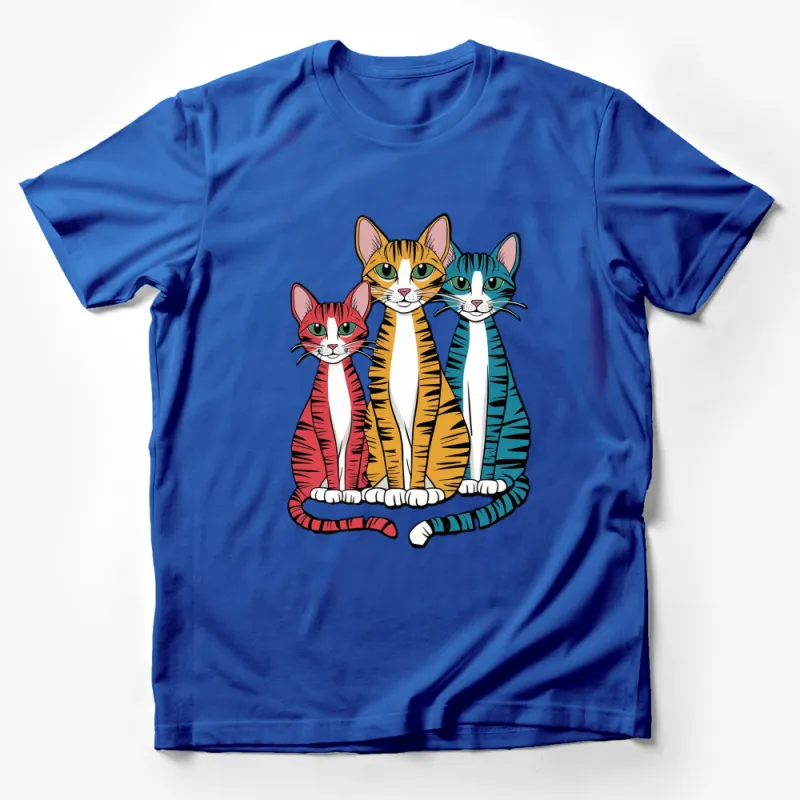 Colorful Cat Trio T-Shirt, Vibrant Red, Yellow, and Blue Cats, Unique Cat Lover Gift, Casual Wear, Unisex Tee Male T-Shirt