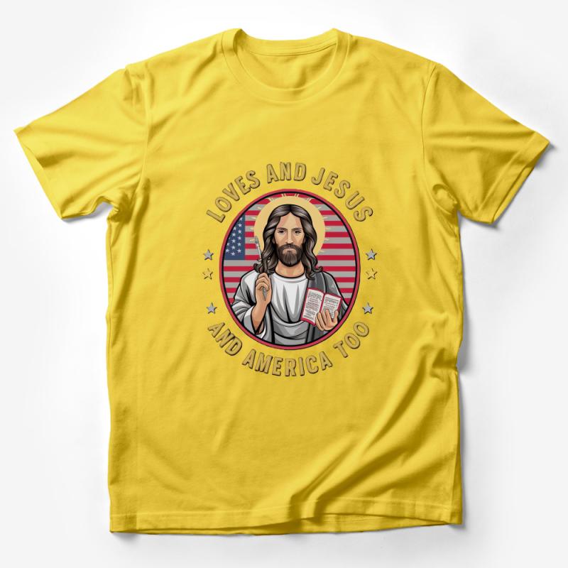 Patriotic Jesus T-Shirt, Loves and Jesus And America Too, Christian Faith Tee, American Flag Graphic Shirt, Religious Gift, Unisex Male T-Shirt