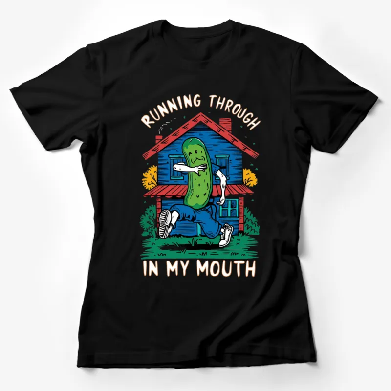 Quirky Pickle Character Running T-Shirt, Fun Cartoon Graphic Tee, Unique Illustration Design Shirt Female T-Shirt