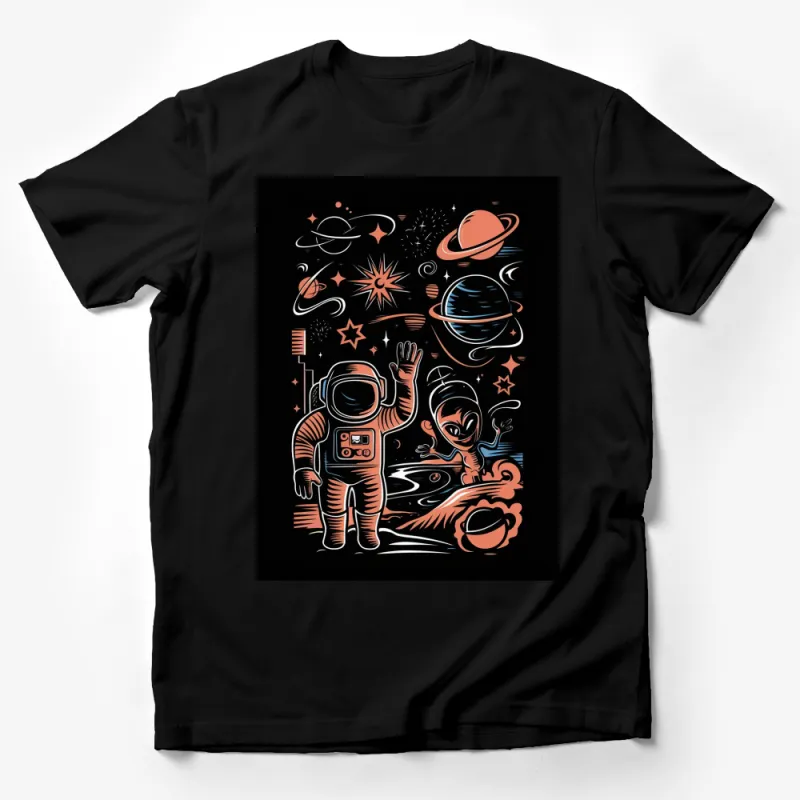 Astronaut and Alien Friends Space Adventure Black T-Shirt, Unisex Cosmic Tee for All Ages Male T-Shirt