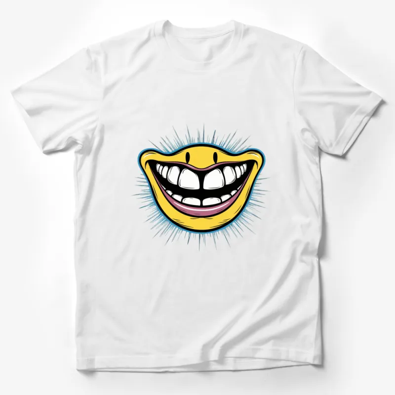 Funky Cartoon Smile T-Shirt, Vibrant Yellow Smiling Face Graphic Tee, Unisex Fashion Top Male T-Shirt