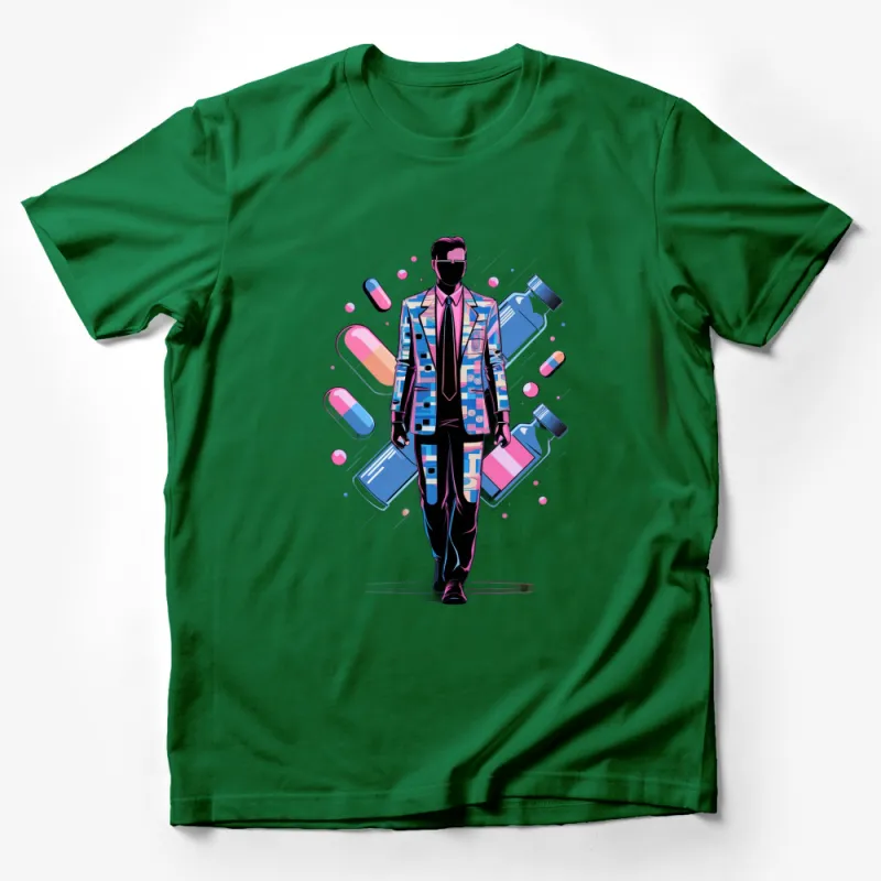 Colorful Pills and Suit Man Graphic T-Shirt, Trendy Streetwear, Unique Pink and Blue Design, Unisex Fashion Tee Male T-Shirt