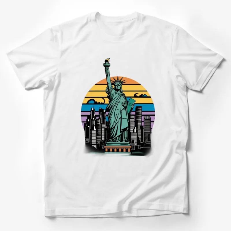 Statue of Liberty Graphic T-Shirt, NYC Skyline, Vintage Retro Sunset, Patriotic Tee, Unisex Fashion Male T-Shirt