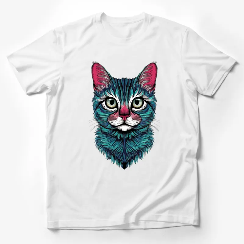 Vibrant Teal and Pink Cat Face T-Shirt, Artistic Feline Illustration Tee, Unique Cat Lover Gift Male T-Shirt