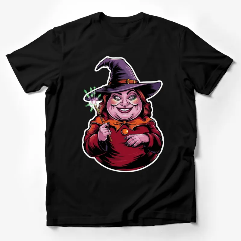 Witch Cartoon Graphic T-Shirt, Halloween Magic Witch With Wand, Colorful Witch Design Tee, Fun Witchcraft Clothing Male T-Shirt