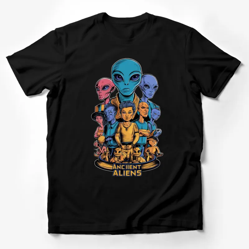 Ancient Aliens Cast T-Shirt, Colorful Extraterrestrial Character Print, Unisex Sci-Fi Tee Male T-Shirt