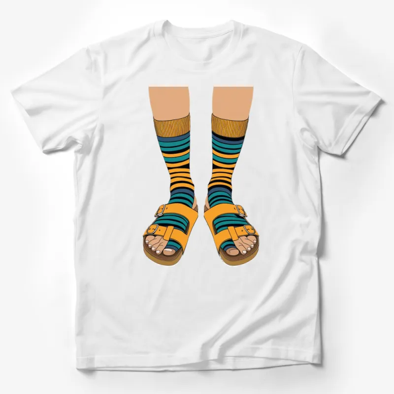 Funky Stripe Socks and Blue Sandals Graphic T-Shirt, Colorful Casual Footwear Illustration, Unique Fashion Tee Male T-Shirt