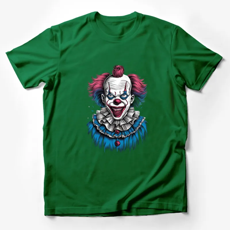 Creepy Clown Graphic T-Shirt, Unisex Horror Tee, Vibrant Red and Blue, Unique Halloween Costume Idea Male T-Shirt