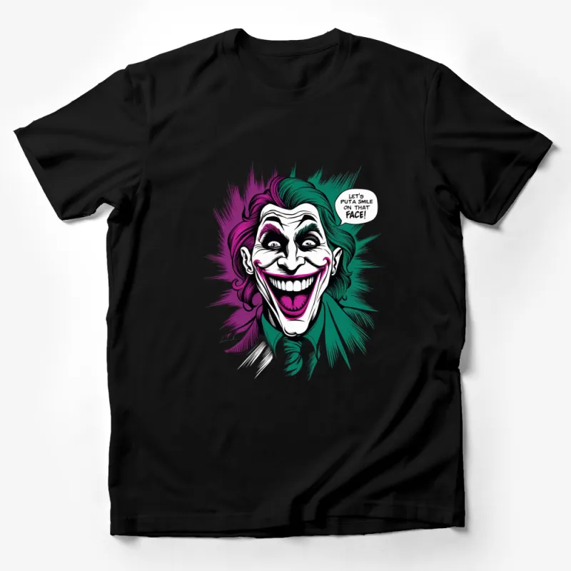 Joker Face Graphic T-Shirt, Comic Villain Inspired, Colorful Design, Smile Quote Tee Male T-Shirt