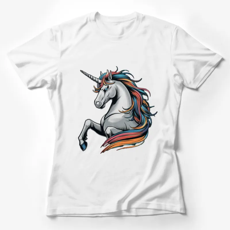 Colorful Unicorn T-Shirt, Mythical Creature Graphic Tee, Fantasy Art, Vibrant Rainbow Hair Unicorn Female T-Shirt