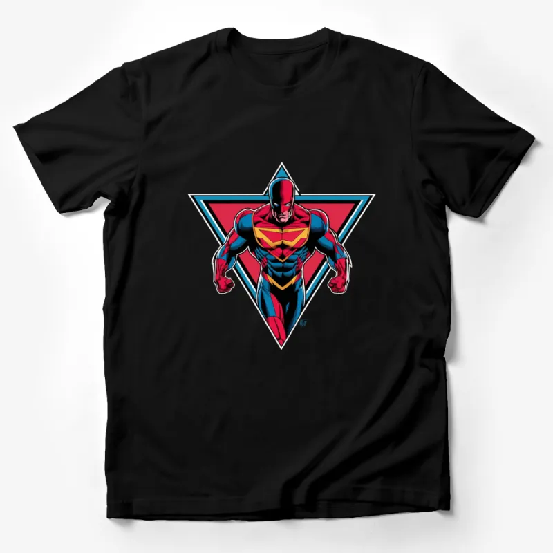 Superhero Triangle Graphic T-Shirt, Bold Red and Blue Comic Art Tee, Unisex Male T-Shirt