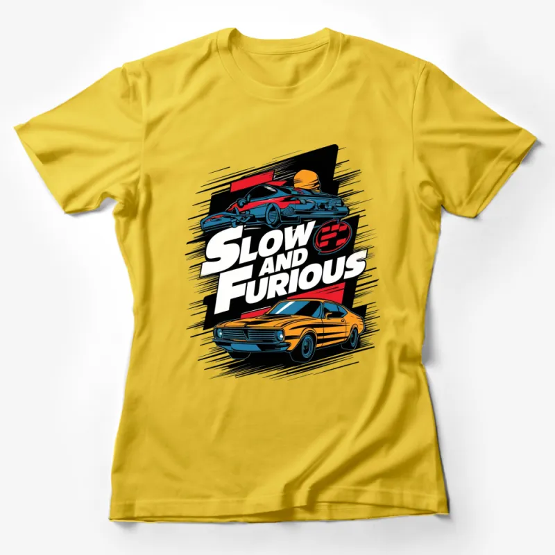 Slow and Furious Graphic T-Shirt, Retro Car and Spaceship Design, Unique Men's Tee Female T-Shirt