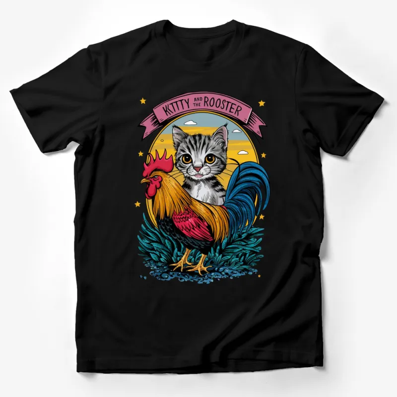 Kitty and The Rooster Vintage Style T-Shirt, Colorful Cat and Chicken Graphic Tee, Unisex Shirt Design Male T-Shirt