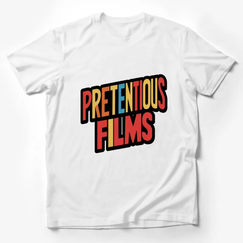 Colorful Retro Pretentious Films Logo T-Shirt for Movie Lovers, Bold Graphic Tee Male T-Shirt