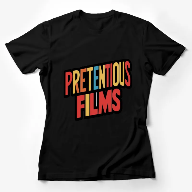 Colorful Retro Pretentious Films Logo T-Shirt for Movie Lovers, Bold Graphic Tee Female T-Shirt