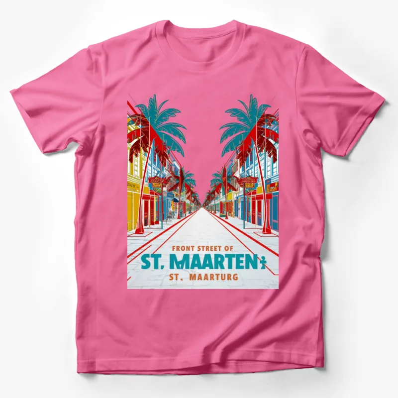 St. Maarten Front Street Graphic T-Shirt, Vibrant Tropical Palm Trees Design Male T-Shirt