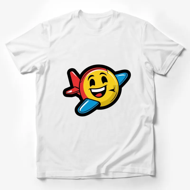 Smiley Face Airplane Cartoon Graphic Tee, Colorful Happy Plane T-Shirt, Unisex Kids and Adult Sizes Male T-Shirt