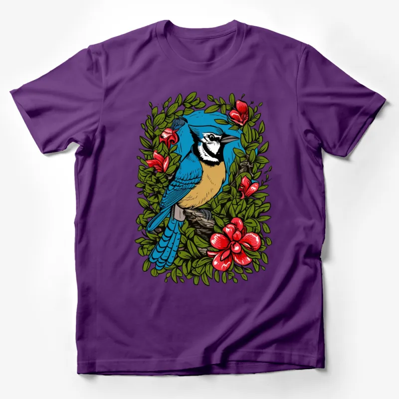 Vibrant Blue Jay Bird and Floral Wreath T-Shirt, Nature Inspired Graphic Tee, Unisex Shirt Design Male T-Shirt