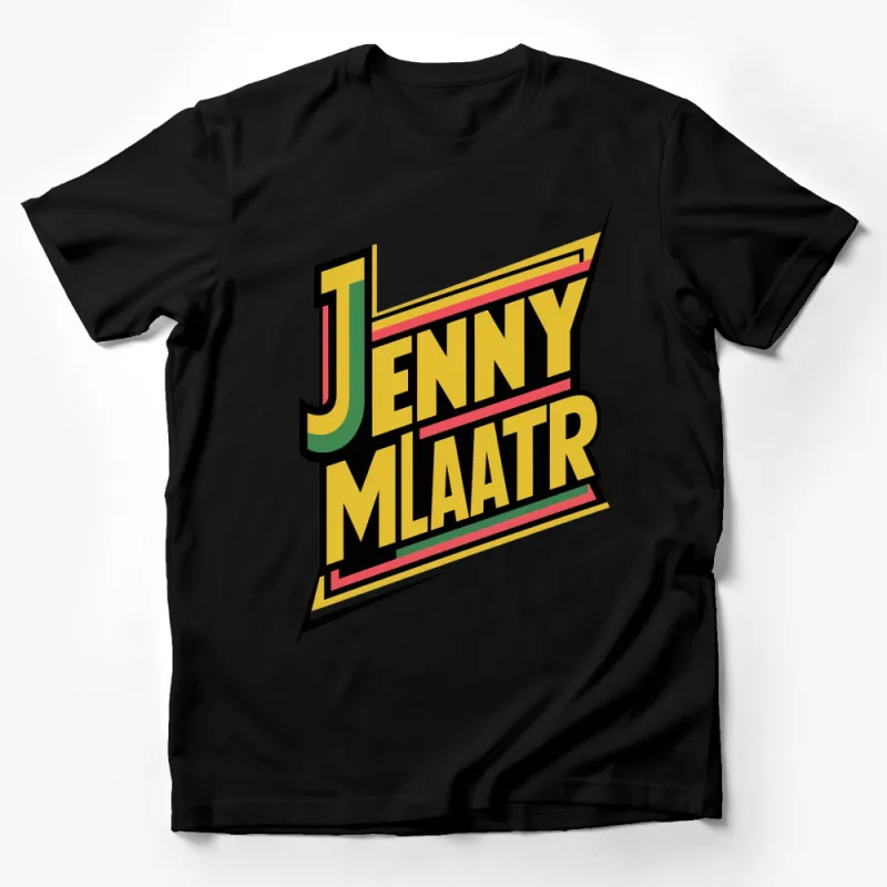 Retro Style Jenny Mlaatr Graphic Tee, Colorful Bold Letter T-Shirt, Unisex Male T-Shirt