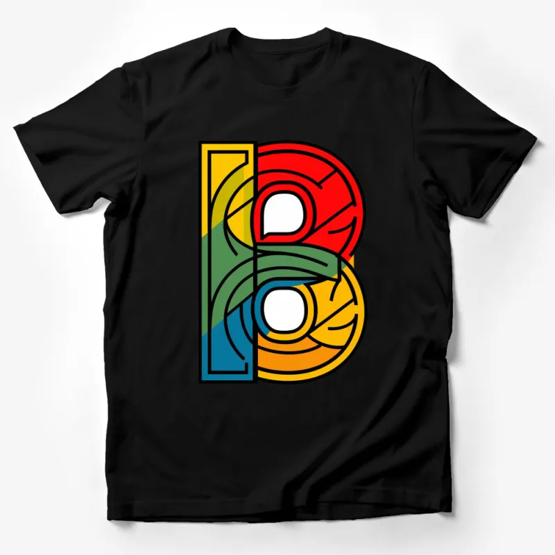 Abstract Geometric Design T-Shirt, Bold Color Blocks, Retro Style Graphic Tee, Artistic Casual Wear Male T-Shirt